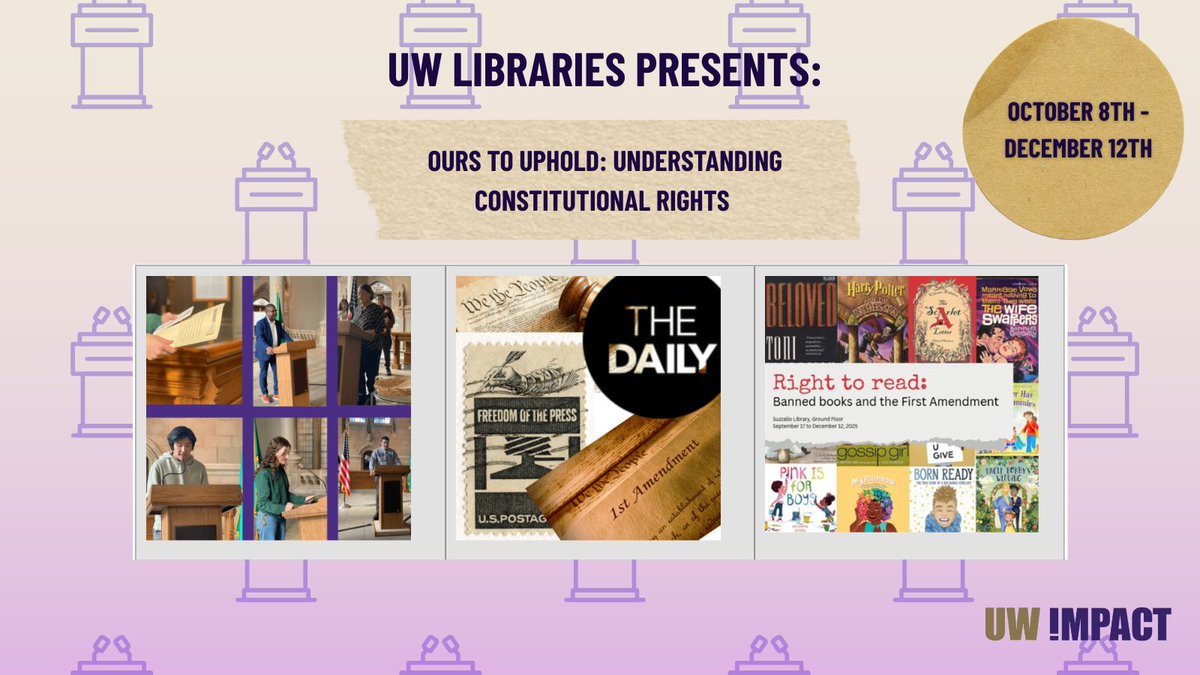 Join us in attending <a href="/uwlibraries/">UW Libraries</a> Fall Democracy Series!

 Oct. 8 | 3–5 PM | Allen Library: 20th Annual Constitutional Reading
 Oct. 9 | 3:30–5 PM | CMU 226: Freedom of the Press Panel
Right to Read” Exhibit | Suzzallo thru Dec. 12

bit.ly/473xkxQ

 #UWLibraries