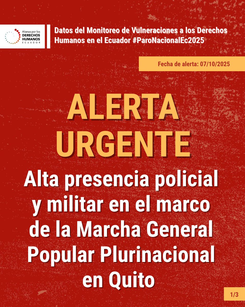 DDHH_Alianza's tweet image. 🚨 #AlertaDDHH | Alta presencia policial y militar en la Marcha General Popular Plurinacional convocada en Quito. Exigimos respeto al derecho a la protesta y la aplicación de protocolos diferenciados que garanticen la seguridad de las personas, especialmente las más vulnerables.