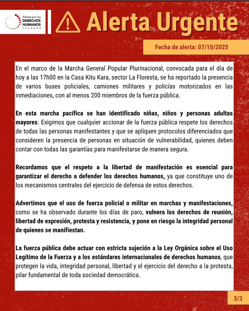 DDHH_Alianza's tweet image. 🚨 #AlertaDDHH | Alta presencia policial y militar en la Marcha General Popular Plurinacional convocada en Quito. Exigimos respeto al derecho a la protesta y la aplicación de protocolos diferenciados que garanticen la seguridad de las personas, especialmente las más vulnerables.