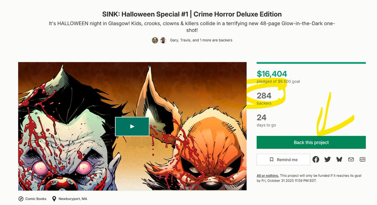 TylerJamesComic's tweet image. Let's freakin' go! Closing in on 300 day one backers for @johnlees927 &amp;amp; @AlexCormack4 love letter to HALLOWEEN. If you're a fan of the spooky time of year, come on over and grab the GLOW-IN-THE-DARK Cover @KickstarterRead #makecomics fans! comixtribe.com/sink