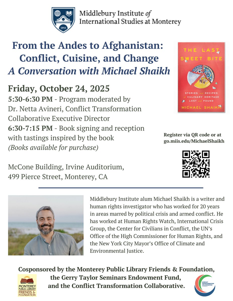 MIIS's tweet image. Join us Oct. 24 for A Conversation and Book Signing with alum Michael Shaikh, author of The Last Sweet Bite. He is a writer and human rights investigator who has worked for 20 years in areas marred by political crisis and armed conflict. 

Register now at go.miis.edu/MichaelShaikh