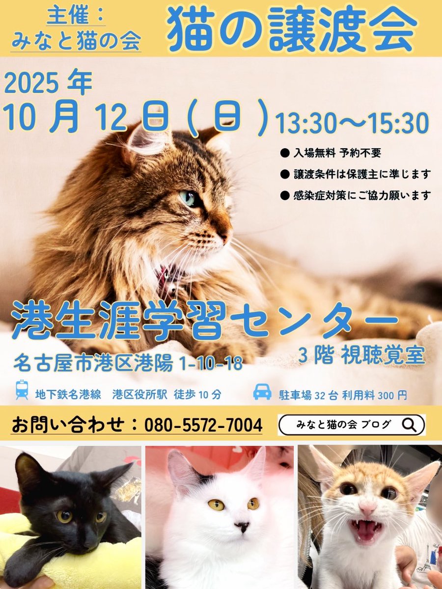 #拡散RPお願いします 
猫達のお家探しにご協力ありがとうございます

【猫の譲渡会】
•10月12日(日)13:30-15:30
•名古屋市港生涯学習センター
P32台(300円)

譲渡会が初めての方も、
今すぐではないが、いずれ猫と
暮らしたいとお考えの方も
お気軽にお越し下さい

#譲渡会 #猫好きさんと繫がりたい