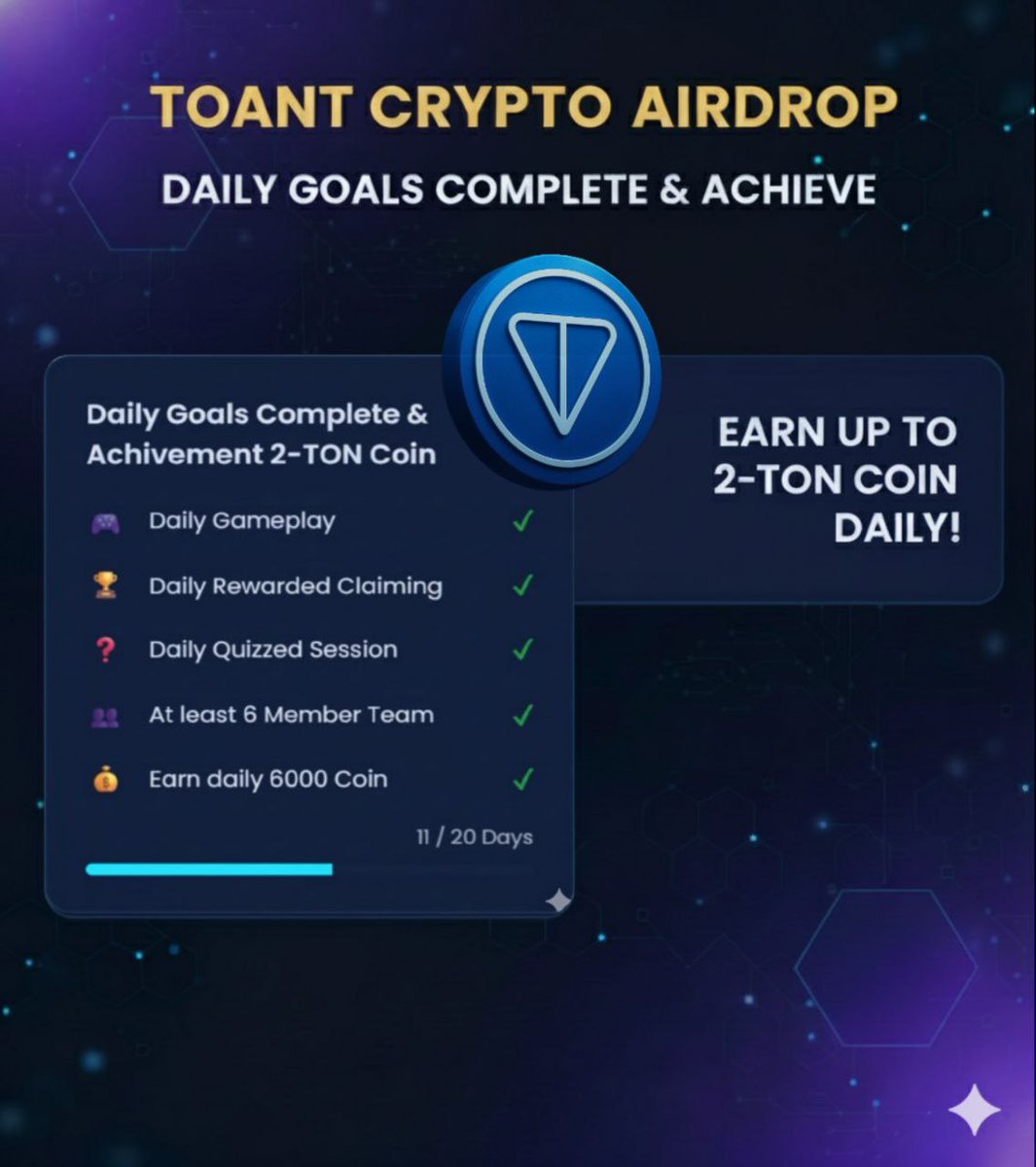Toantofficial's tweet photo. 🚀 TOANT Daily Goal &amp; Achievement System!

🎮 Play Game | 🎁 Claim Rewards | 📝 Join Quiz | 👥 Build Team | 💎 Earn up to 6000+ Coins Daily!
✅ Complete 5 Tasks=Get 2 TON Coin Daily
⚡Instant Withdraw→Anytime, Direct to Wallet!

#toant #toantAirdrop 
#toantproject #cryptoairdrop https://t.co/rGsKGxrzmH
