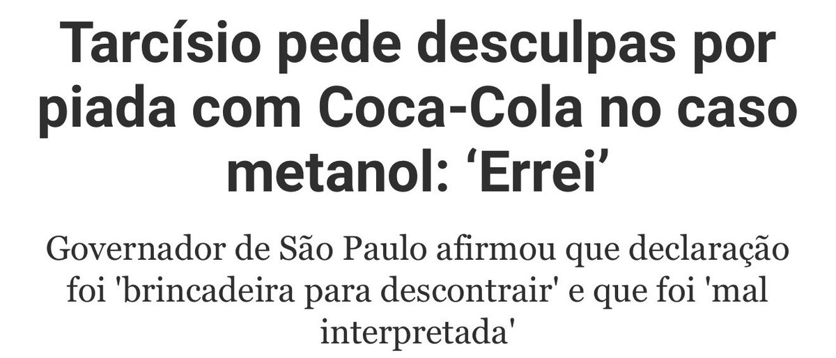 lohannaf's tweet photo. Após imensa reação negativa, Tarcísio tenta se distanciar de seu chefe cruel e pede perdão por fala absurda sobre coca cola e metanol.

Não caiam nessa. Não foi piada, não foi pra descontrair. Isso aí é como a extrema-direita governa. Tarcísio não é moderado, ele quer ser o + https://t.co/rPIK2RIuSw