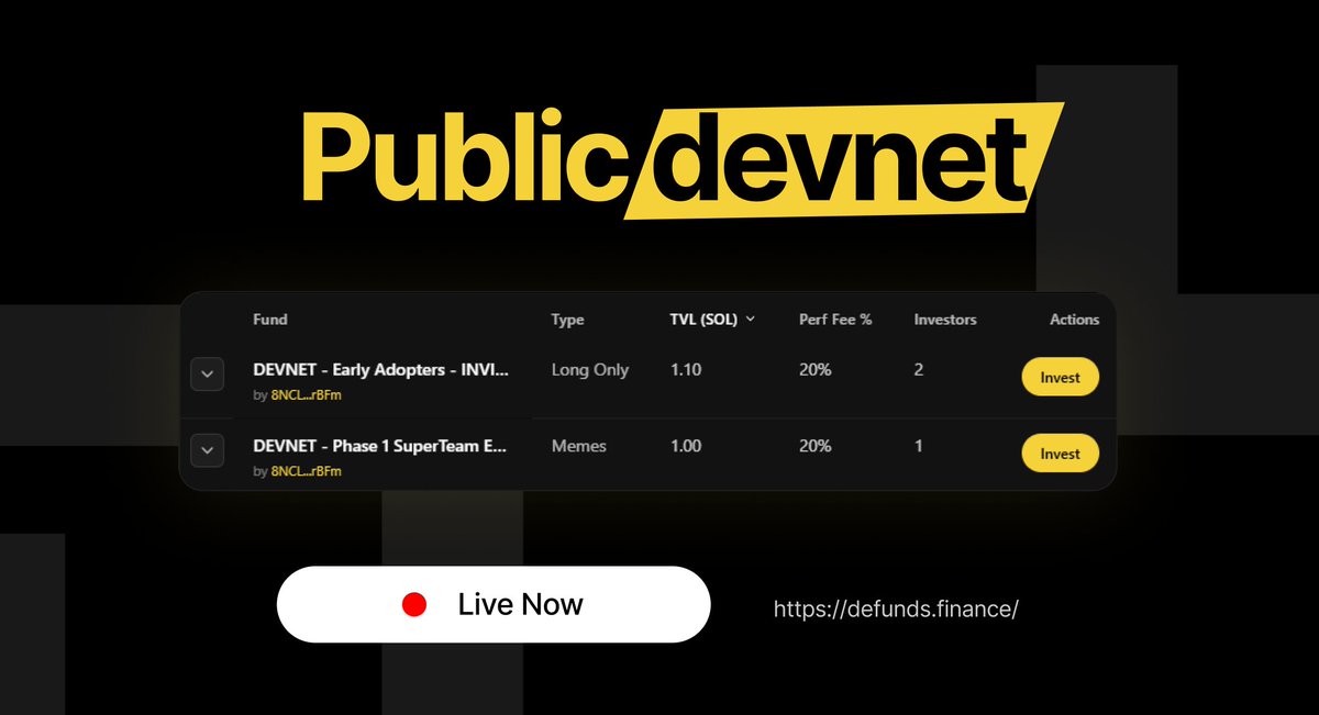 DefundsFinance's tweet image. It&apos;s time! 
Defunds is live on Devnet and early access begins. 

Enter and exit the same block as your manager. 
No delay, no copy. 

Join the future of on-chain hedge funds.