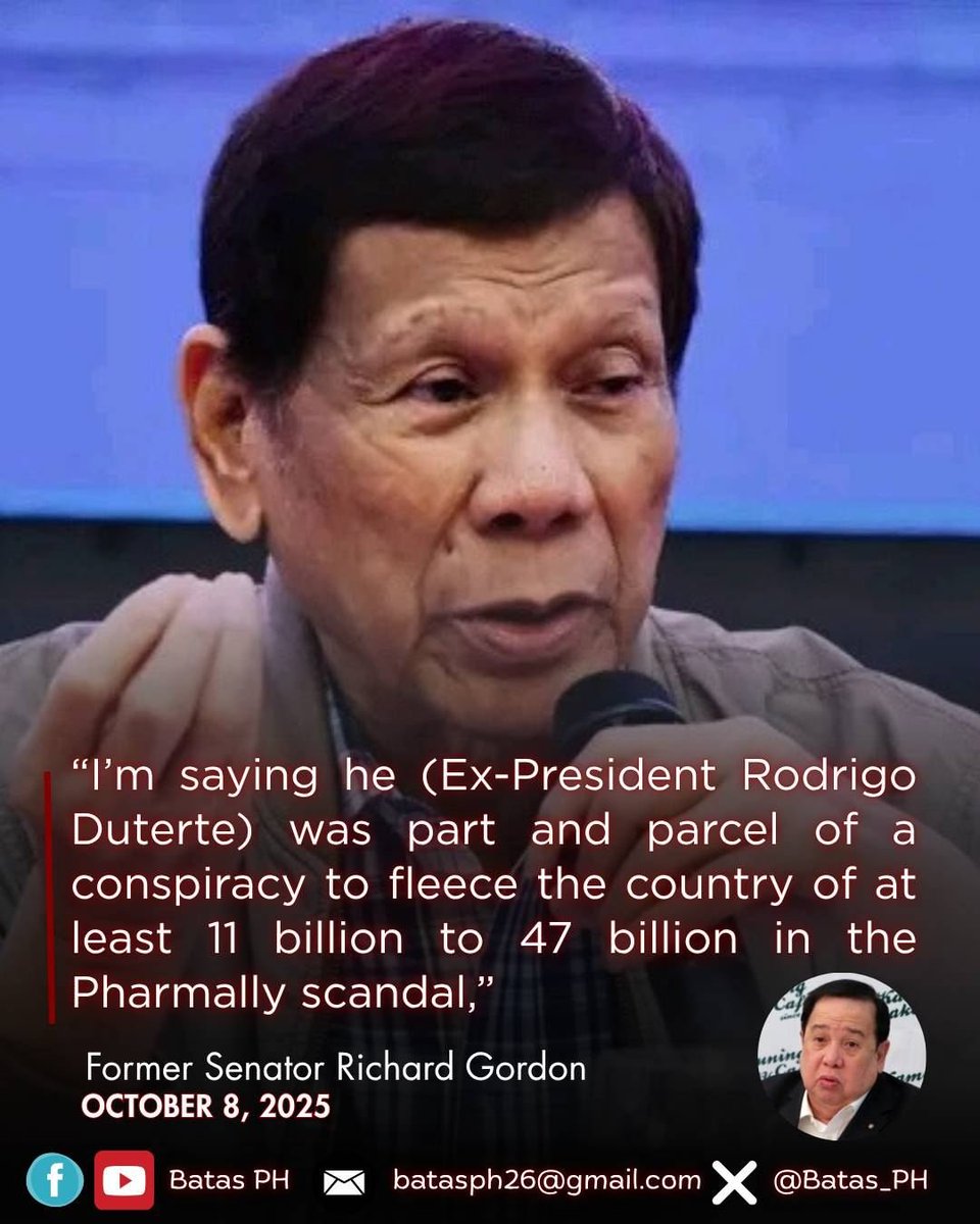 jesusfalcis's tweet photo. Dear Ombudsman Boying Remulla,

Please listen to what former Senator Richard Gordon has to say about Duterte and Pharmally.

“I’m saying Duterte was part and parcel of a conspiracy to fleece the country of at least 11 billion to 47 billion in the Pharmally scandal.” (Source: Story Con)

Baka pwedeng i-withdraw from the archives and dustbins ng Office of the Ombudsman ang case files about Pharmally and paki-kasuhan si Tatay Digong and mga tao ni Bong Go sa PS-DBM nuon forthwith!

#Accountability