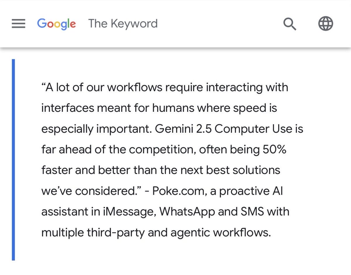interaction's tweet image. Google DeepMind is pushing the frontier across the board.
Interaction remains excited to partner – from early checkpoints to getting functionalities like Computer Use or "Nano Banana" to Poke.com! 🌴