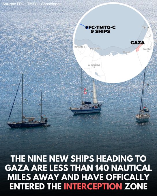 Map overlay on blue sea background showing positions of 9 ships approaching Gaza from the west, with labels for Tel Aviv, Ashdod, and Gaza city; distances marked as 140 nautical miles; inset images depict multiple white sailing ships with masts and flags on open water under clear skies.