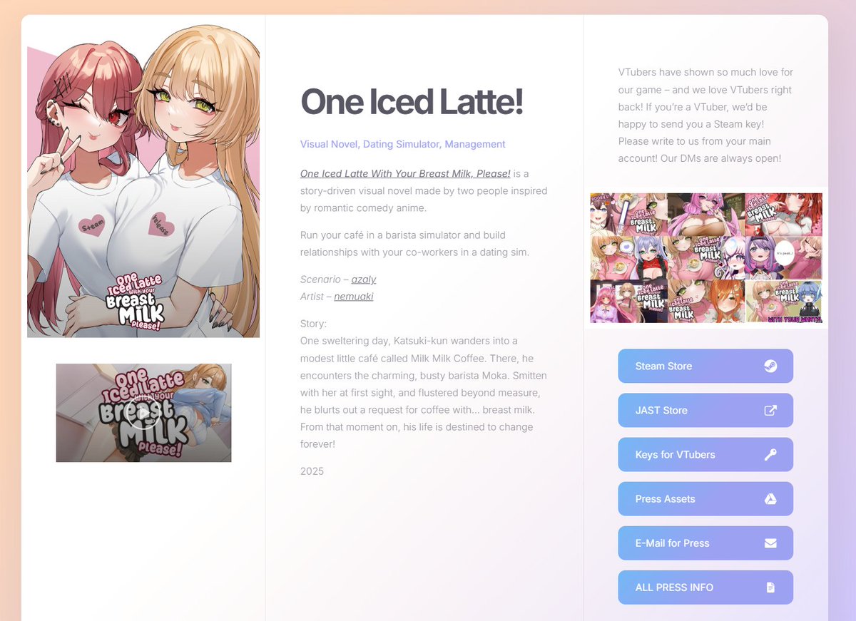 Thanks for reminding me to finally put together a press kit for #OneIcedLatte!

There you’ll find assets in convenient formats for your streams, videos, and articles – along with plenty of other useful info. Thank you so much for your support!

one-iced-latte.carrd.co
