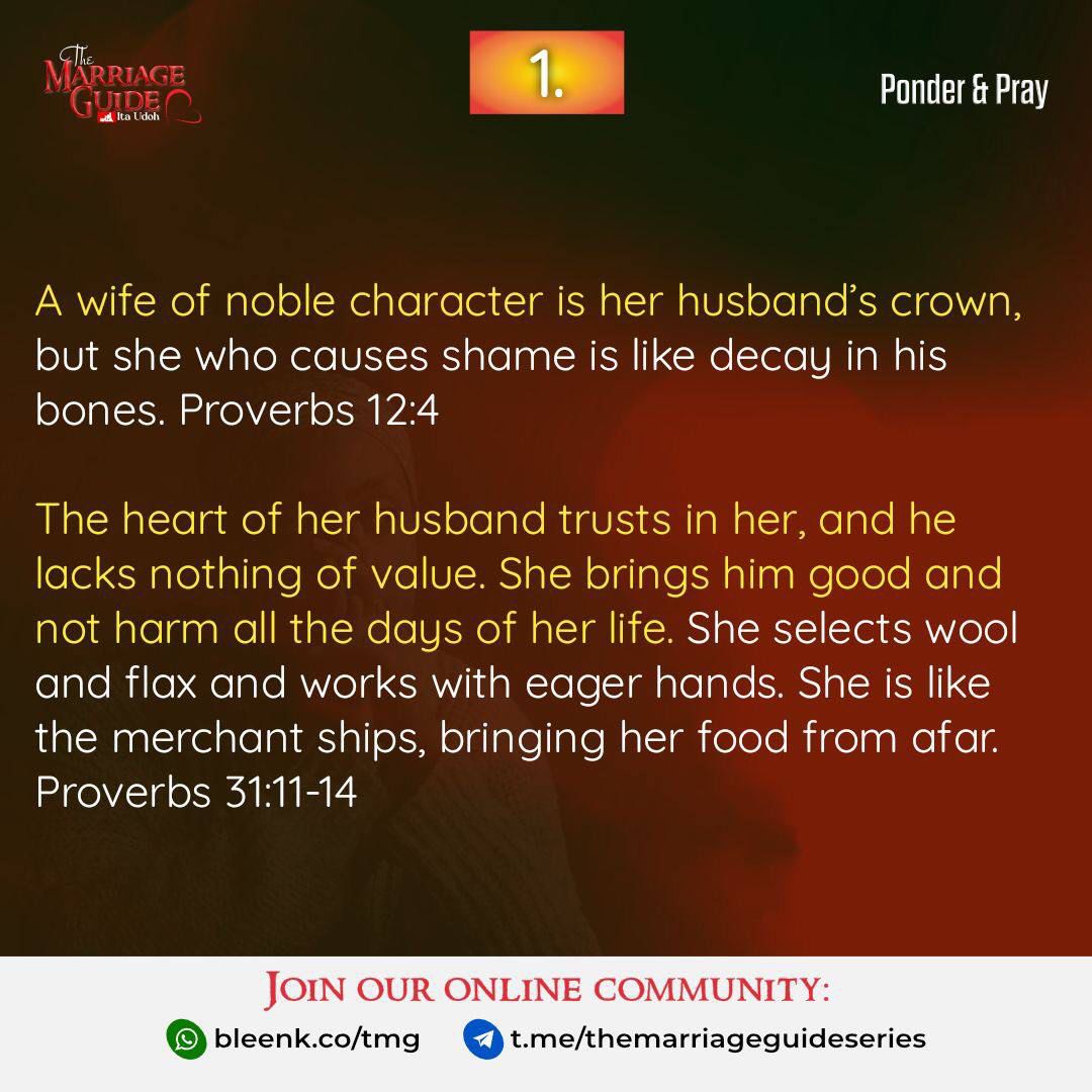 TMGuideseries's tweet photo. [Day 280] Ponder and Pray (XXXII): A Noble Wife
📝 @ItaudohOfficial

#TheMarriageGuide #Marriage #GodlyMarriage #Prayer #TMG #ItaUdoh https://t.co/f0KAxImPAV