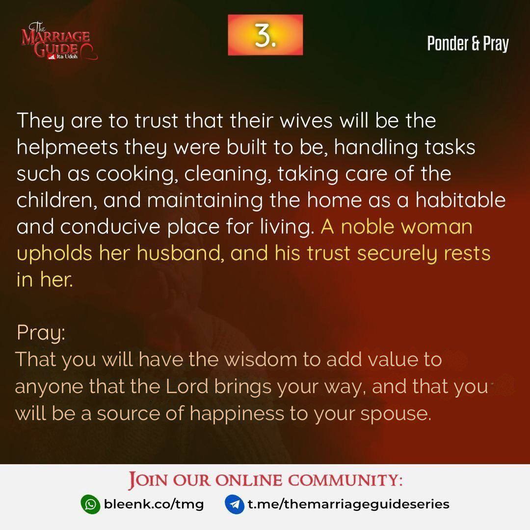 TMGuideseries's tweet photo. [Day 280] Ponder and Pray (XXXII): A Noble Wife
📝 @ItaudohOfficial

#TheMarriageGuide #Marriage #GodlyMarriage #Prayer #TMG #ItaUdoh https://t.co/f0KAxImPAV