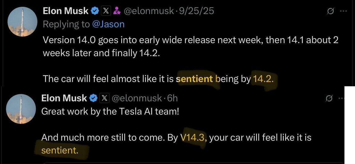 FSD "Sentience" has slipped a release. Honestly, v13.2.9 often feels sentient to me. (I didn't get v14.1 today.)