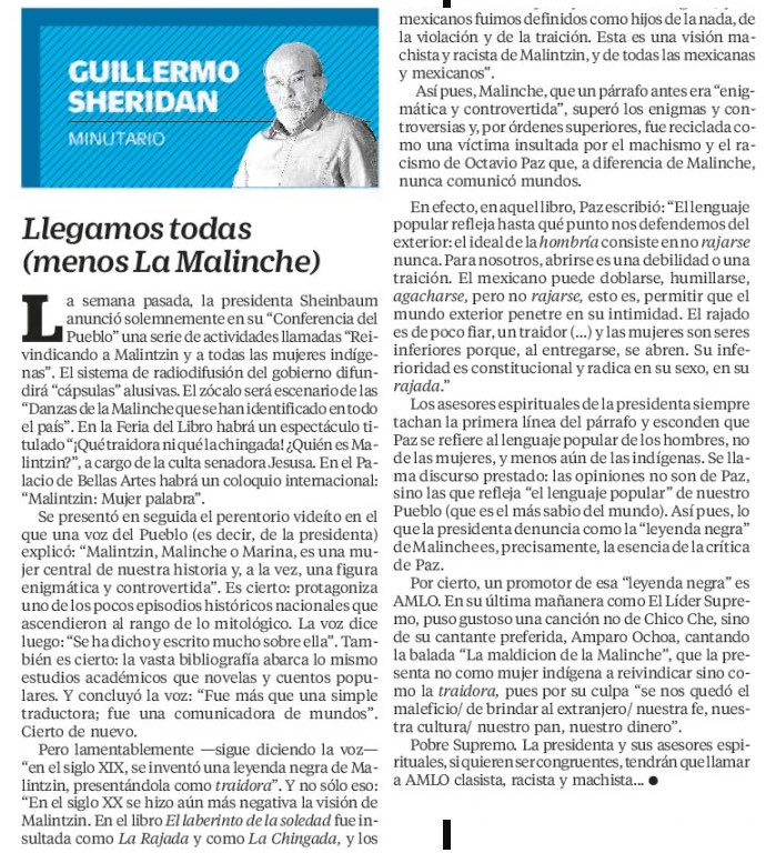 Lean a <a href="/GmoSheridan/">Guillermo Sheridan</a>, impecable:

Llegamos todas (menos La Malinche)
