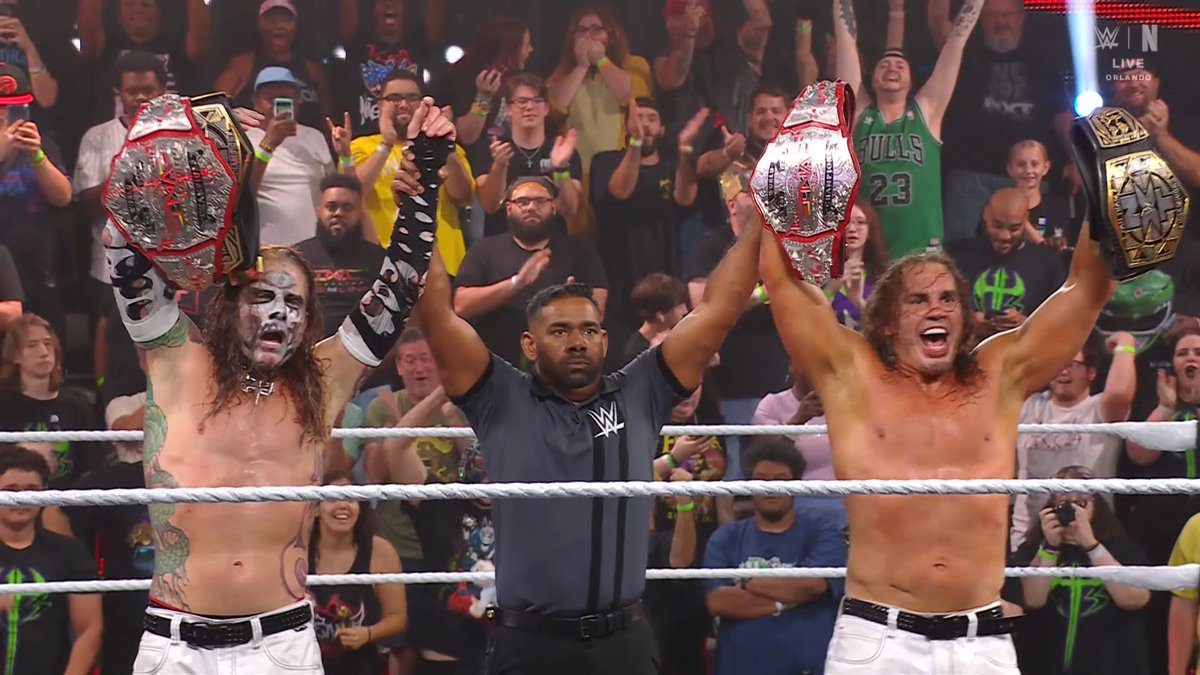 theanglejoey's tweet image. The Hardys have now become the only team EVER to win the WWE World Tag Team, WCW Tag Team, Raw Tag Team, SmackDown Tag Team, TNA World Tag Team, ROH Tag Team, & now #WWENXT Tag Team Titles!