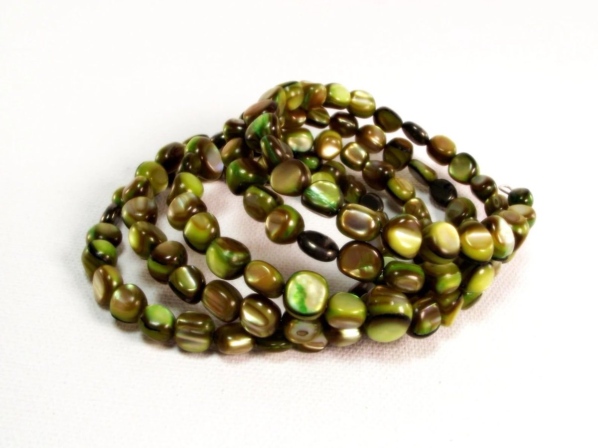 Lovely Green Pearl Bracelet - Memory Wire Bracelet - Green Mother of Pearl and Pyrite Wrap Bracelet by #DesignedbyAudrey.  Awesome women's #handmade jewelry and accessories etsy.me/3QOqhRT via <a href="/Etsy/">Etsy</a>
