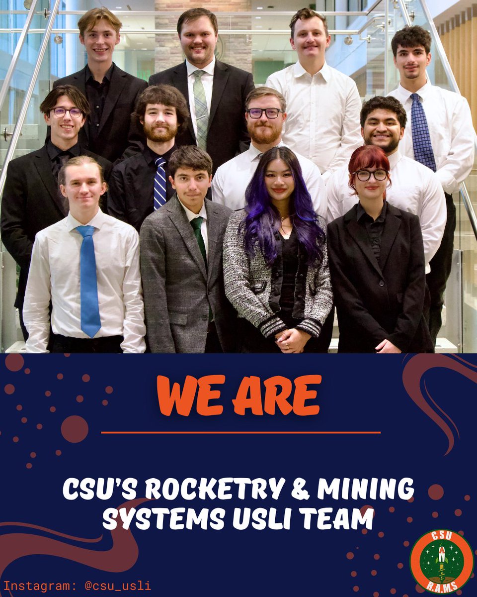 CSU_USLI's tweet image. We are Rocketry and Mining Systems, THIS YEAR'S CSU USLI TEAM! Please support our journey and follow for more exciting things!
#NASA @CSU #USLI #Students #RocketScience #LaunchInitiative