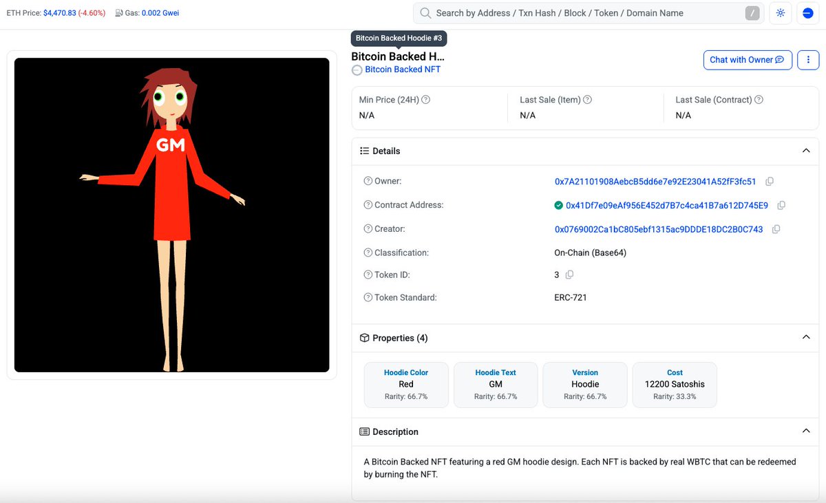 First Bitcoin Backed NFT Sale

Purchased by the legendary and talented NFT artist, and full time chicken, <a href="/TamachiNFT/">Tamachi🔺</a> 

➖➖➖

What are the Value Dynamics of Bitcoin Backed NFTs?

There are currently 2 versions:
69 Lingerie NFTs~ $69 USD in WBTC
1111 Red GM Hoodie NFTs ~$15 USD