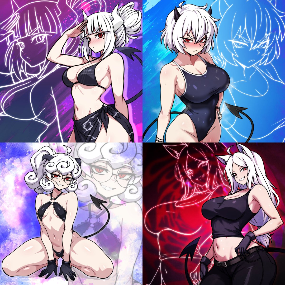 割と気に入ってる #helltaker ：RE作品まとめ
投稿してから改善点見つけたりや同じ作品を再掲するのが好きじゃないっていうのもあり、加筆が無理なら色加工とか効果を変えて前回と微妙に違う感じの作品にするように心がけています。
背景にぼかした線画を組み込むのが最近のちょっとしたこだわり。