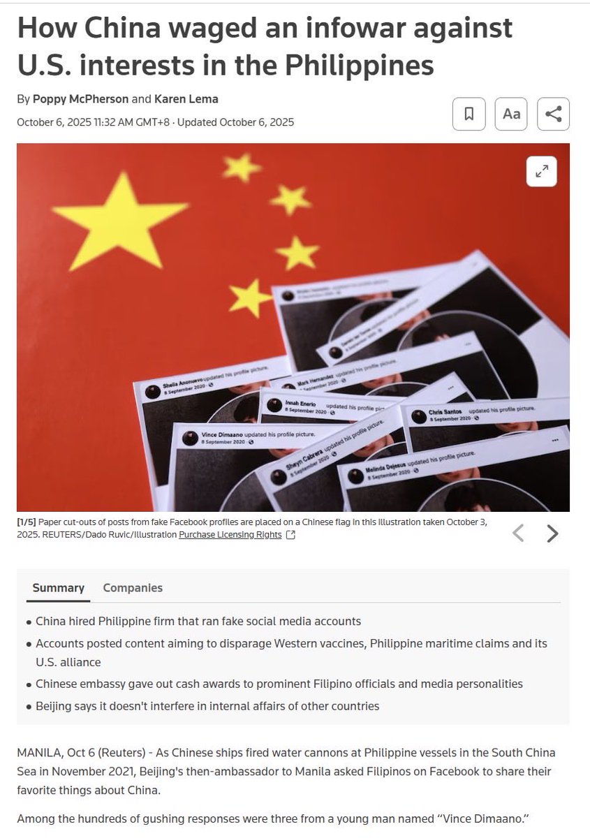 路透社》的调查报道揭露了——中国正在通过在菲律宾建立网络舆论操控体系，发动有组织的信息战，以影响菲律宾民意、削弱该国在南海问题上对抗中国的立场。  华侨李品（Paul Li）在当地创立“无限传媒”（InfinitUs Marketing Solutions）公关公司，表面是商业机构，实为“网军  ...