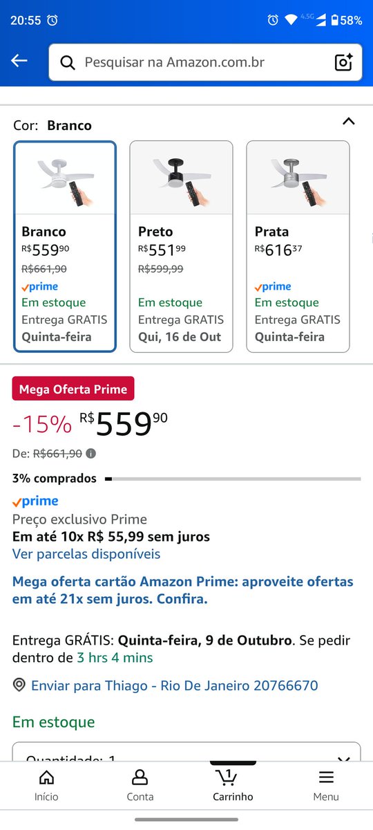thiagolemos's tweet photo. Comprei um ventilador de teto ontem na @amazonbrasil, hoje o mesmo produto está com um desconto de 100 reais, como o produto foi enviado o chat meu deu uma única solução, devolver o pedido e fazer uma nova compra, olha essa burocracia, não era melhor dar o desconto Amazon? https://t.co/gzNuo4pTW2