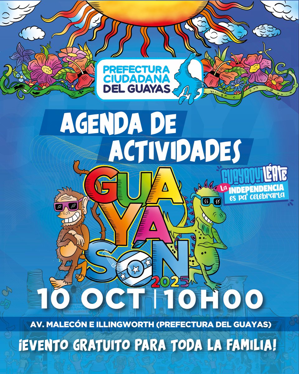 PrefGuayas's tweet photo. 🎉 ¡Guayasón 2025 “Arte y Sabor” vuelve con todo! 🎶✨

No pierdas la gran oportunidad de pasarlo espectacular en estas fiestas octubrinas. 🩵 Lo mejor de todo es que es totalmente gratis y en un espacio seguro para disfrutar en familia o con amigos. https://t.co/v0IqFpWITG