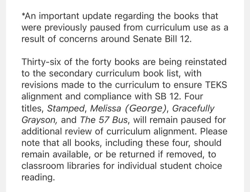 frankstrong's tweet photo. GREAT NEWS from Leander ISD. To Kill a Mockingbird, House on Mango St, and Narrative of Life of Frederick Douglass will be returned to classrooms after a massive outcry. Thanks to everyone who spoke up! 

From an email to teachers today: https://t.co/I3m3AwhlTS