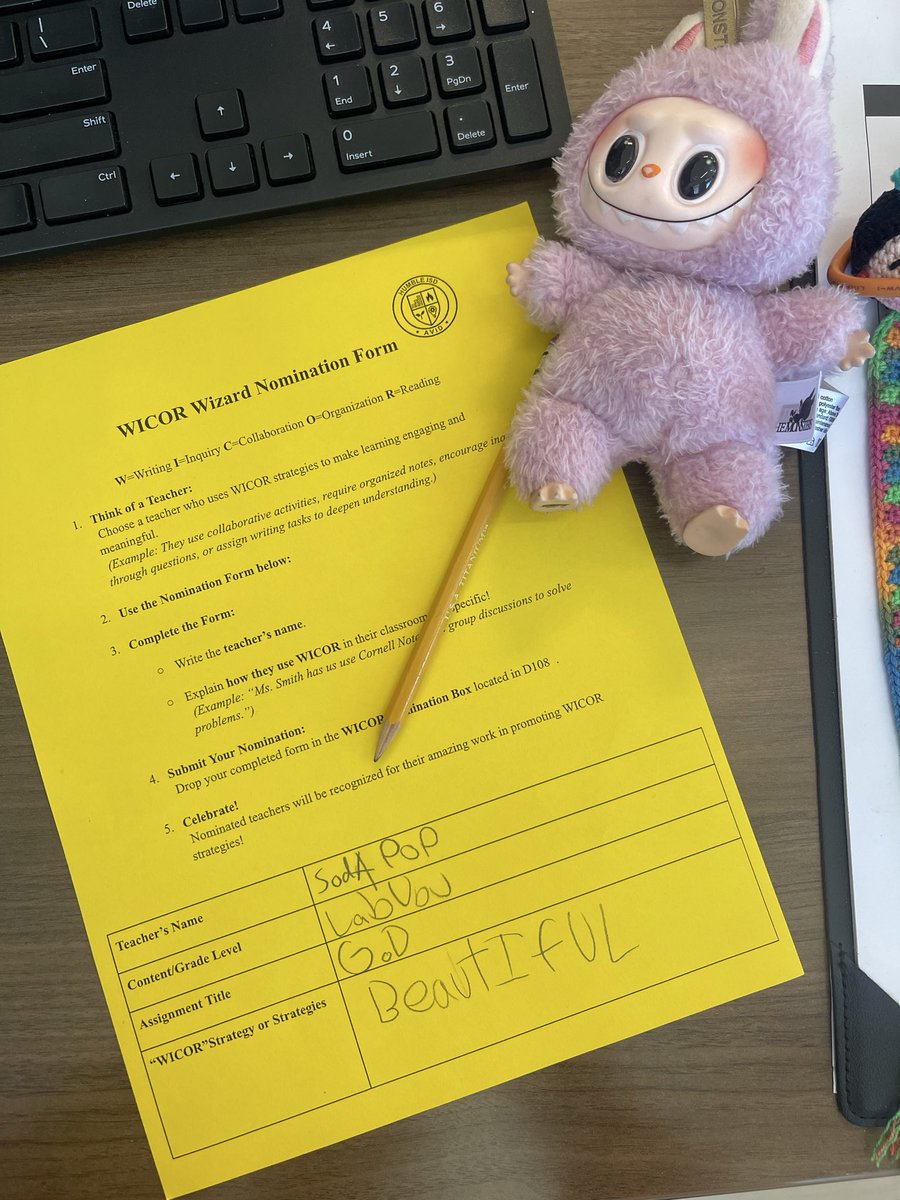 WLMS_AVID's tweet image. I have a student that moves this Labubu AKA Sodapop daily. Today, Sodapop nominated herself for WICOR Wizard of the month.