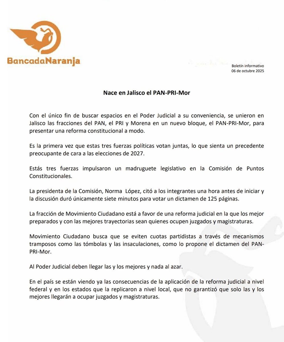 🟠 Denuncian surgimiento de bloque "PAN-PRI-Mor".

👉 La fracción de Movimiento Ciudadano en el Congreso de Jalisco, indicó que dicha "unión" es para "presentar una reforma constitucional a modo".

👉 La bancada señaló que es la primera que vez que dichos partidos votan juntos,