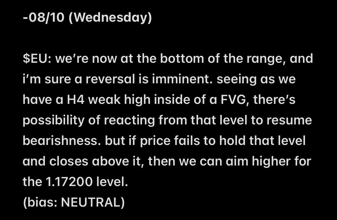 saturnXBT's tweet image. daily outlook #15
$EU only. (majors still unclear)
we're still dealing in very uncertain conditions. there is a discrepancy between major pairs; they're moving differently, and it's due to economic events happening around the world. trade carefully!
read narrative in 2nd frame!