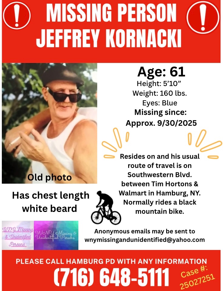 🚨MISSING PERSON: 61-YEAR-OLD JEFFREY KORNACKI HAS BEEN MISSING FROM THE TOWN OF HAMBURG, NY SINCE 9/30/2025‼️ 

#wnymissingperson #TeamBuffalo #hamburgny