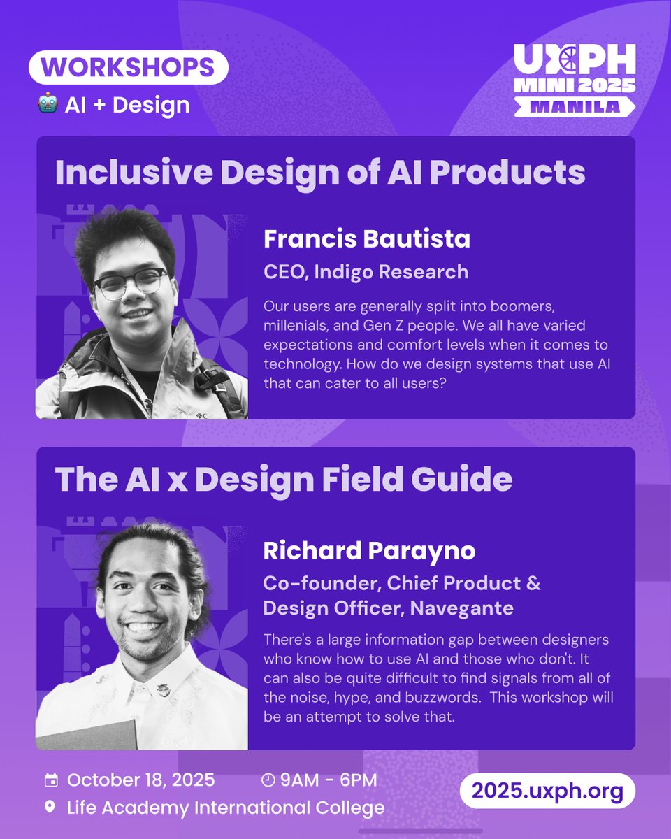 uxphofficial's tweet photo. 🤖 Join us as two thought leaders explore what it means to design responsibly, inclusively, and creatively in the age of AI with Francis Bautista & Richard Parayno.
🎟 Get tickets: https://t.co/7w3HwYsA0E
#UXPHMini2025 #IslandsInMotion https://t.co/IblPxeMVjh