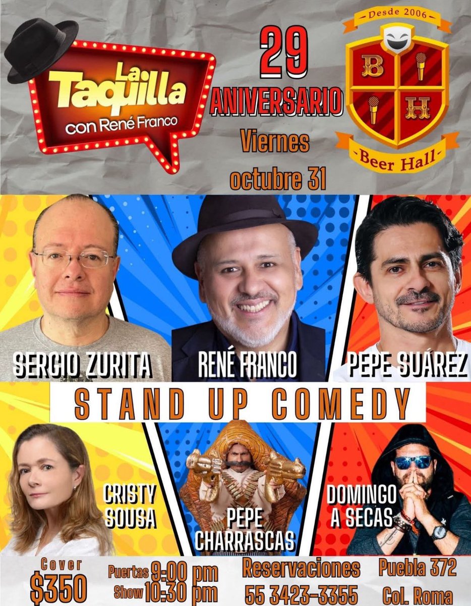 Este 31 de octubre estaré en el <a href="/BeerHallMx/">Beer Hall</a> junto con <a href="/ReneFranco/">RENE FRANCO</a> para celebrar los 29 años de <a href="/La_Taquilla/">La Taquilla con René Franco</a>. 
Boletos aquí boletos.redaccess.com/artes-escenica…