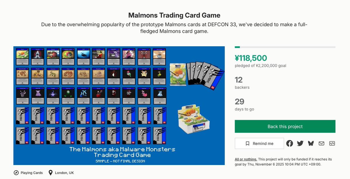 Lena (@lambdamamba) on Twitter photo Half a day since launch, and the <a href="/Malmons_World/">Malmons World</a> X <a href="/CyberSecGames/">Cybersec Games</a> Malmons TCG Kickstarter is 5% funded! 🥳
♦️This run features 50 unique designs!
🗓️ Help us hit our goal by Nov 6, 2025, to launch before <a href="/BSidesLondon/">BSides London</a> Dec 13, 2025!
🔗 kickstarter.com/projects/lambd…
Thank you all! 🙏 Half a day since launch, and the <a href="/Malmons_World/">Malmons World</a> X <a href="/CyberSecGames/">Cybersec Games</a> Malmons TCG Kickstarter is 5% funded! 🥳
♦️This run features 50 unique designs!
🗓️ Help us hit our goal by Nov 6, 2025, to launch before <a href="/BSidesLondon/">BSides London</a> Dec 13, 2025!
🔗 kickstarter.com/projects/lambd…
Thank you all! 🙏