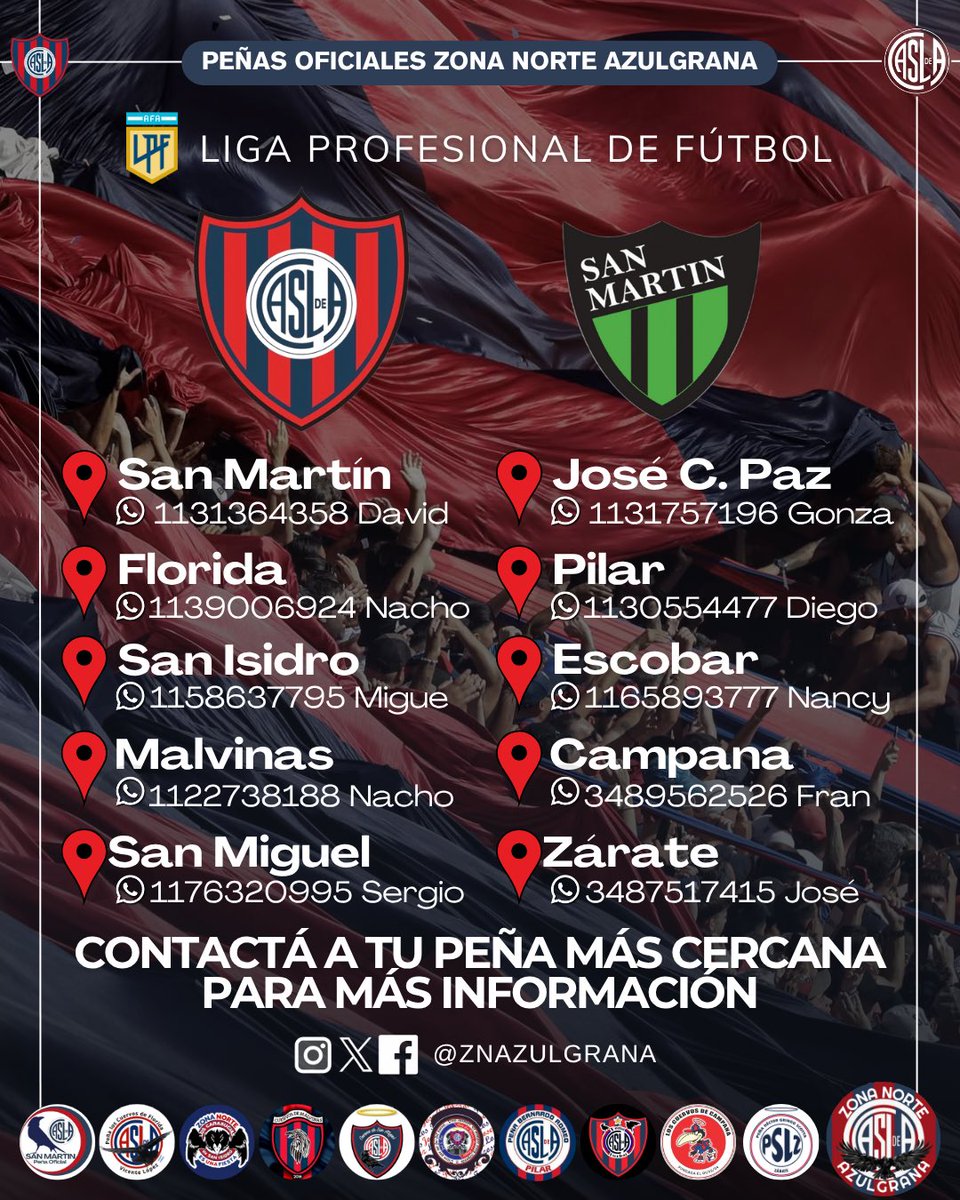 Viajá al Nuevo Gasómetro con las peñas oficiales de #ZonaNorteAzulgrana.
Contáctate con tu peña más cercana, reserva tu lugar, no te quedes afuera 💙❤️

🏆 #LPF 2025
⚽️ #SanLorenzo 🆚 San Martín (SJ)
📅 Viernes 10 de Octubre
⏰ 14:30hs
🏟️ #NuevoGasómetro

#boedo #masque90minutos