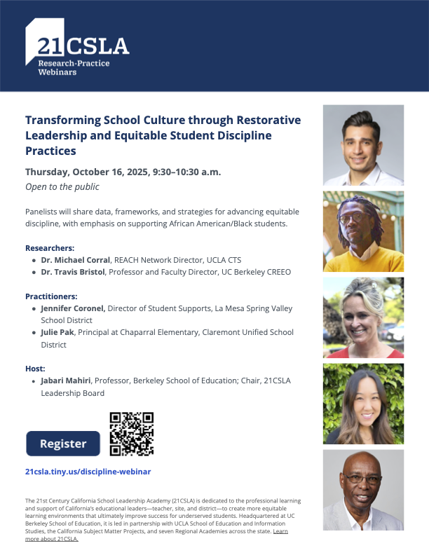CA bans suspensions for “willful defiance.” Join our free Oct 16 webinar (9:30–10:30am PT) on Restorative Leadership &amp; Equitable Discipline with speakers from UCLA, UC Berkeley &amp; districts. 
👉 Register: berkeley.qualtrics.com/jfe/form/SV_6m…
#EdEquity #RestorativePractices