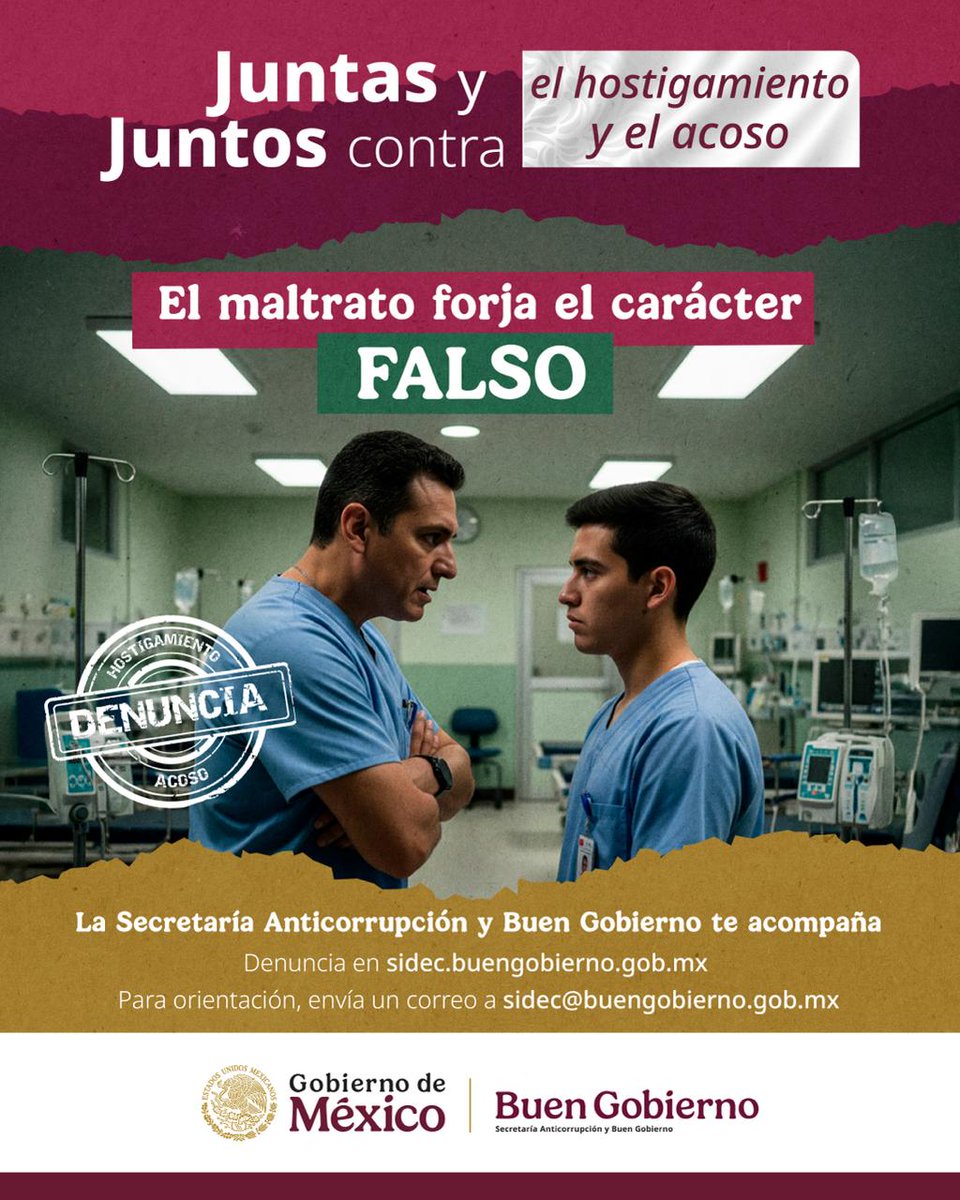 SSalud_mx's tweet image. No permitas que el abuso frustre tus sueños. La verdadera vocación se refleja en el estudio, la dedicación, el respeto y un trato digno entre pacientes y personal de salud, sin distinción de jerarquía.

Si enfrentas hostigamiento o acoso, denúncialo en el #SIDEC…