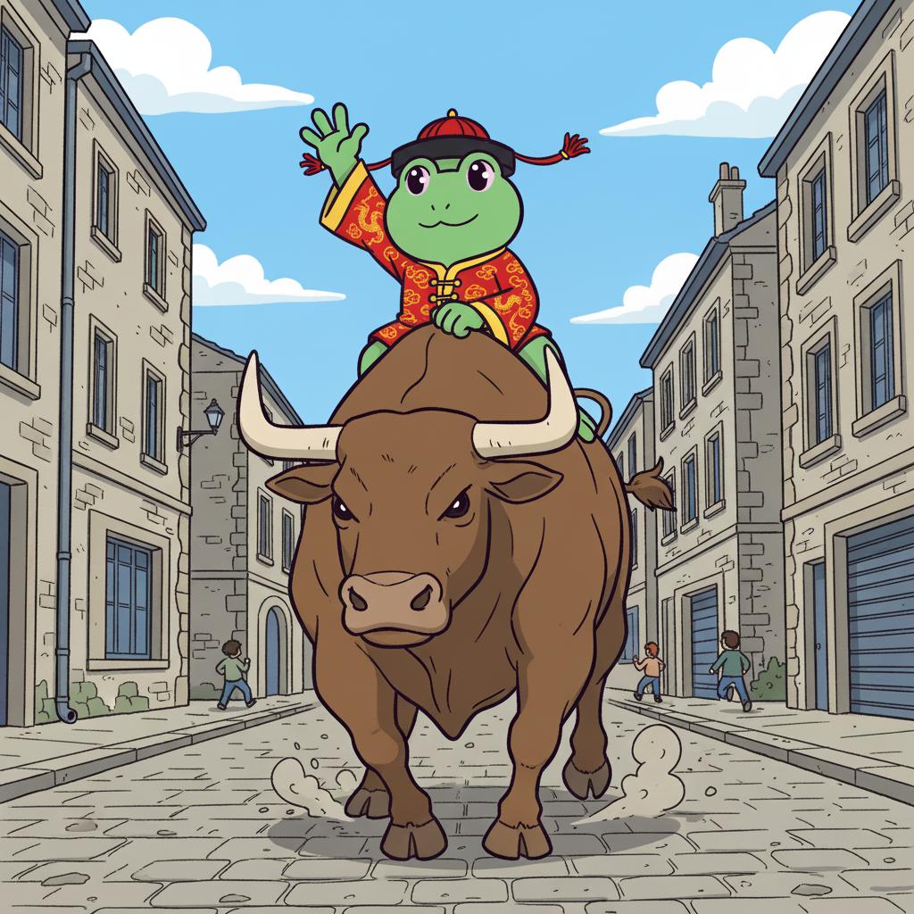 街道让开，微信青蛙骑着威武的公牛冲锋而来，身着传统中式长袍，向支持者自信地挥手致意。
这不仅仅是一场骑行——而是力量、好运与势不可挡的象征。