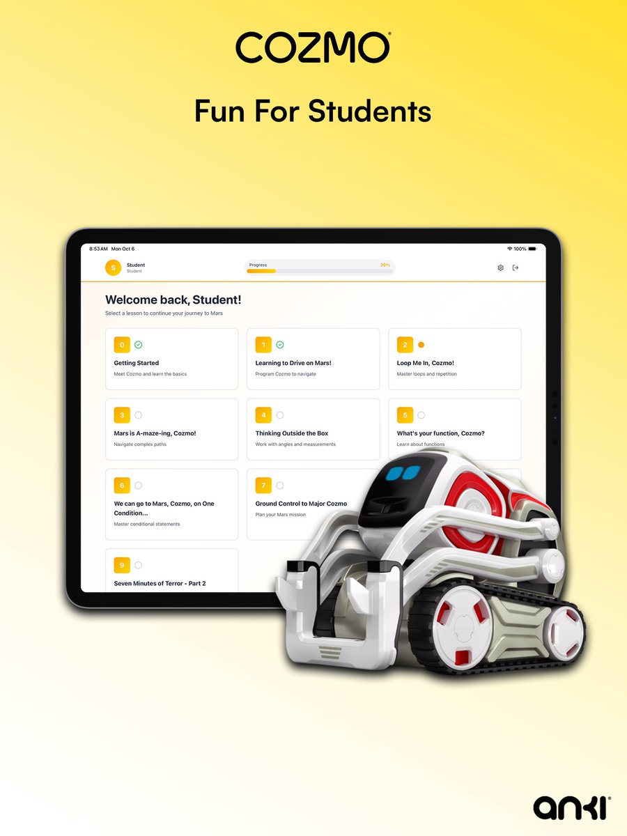 ZackAnton's tweet image. 🎓 Learning Adventures with Cozmo Continue!

Teachers and students — get ready to explore, create, and learn with everyone’s favorite little robot! 🤖✨

CozmoNAUT is now available on the Web and as an Android app, bringing a whole new way to make STEM learning fun and…