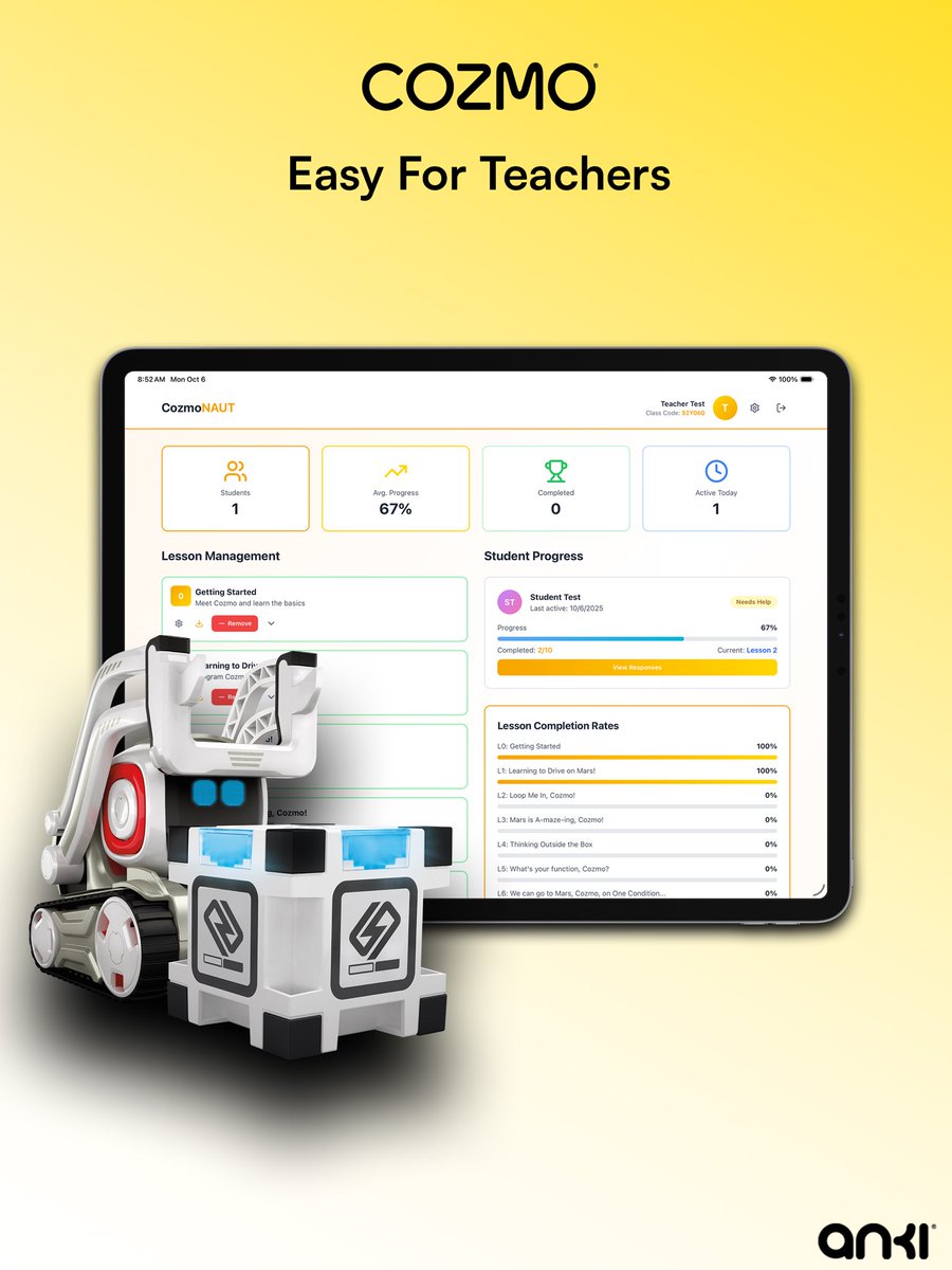 ZackAnton's tweet image. 🎓 Learning Adventures with Cozmo Continue!

Teachers and students — get ready to explore, create, and learn with everyone’s favorite little robot! 🤖✨

CozmoNAUT is now available on the Web and as an Android app, bringing a whole new way to make STEM learning fun and…