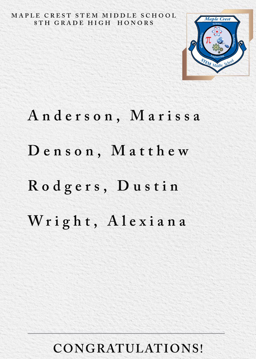 MapleCrestSTEM's tweet image. Congratulations to our 6th, 7th, and 8th grade HIGH HONORS scholars! We’re so proud to recognize the hard work, dedication, and academic excellence of our students who have earned a place on the Honor Roll this grading period! ❤️💙