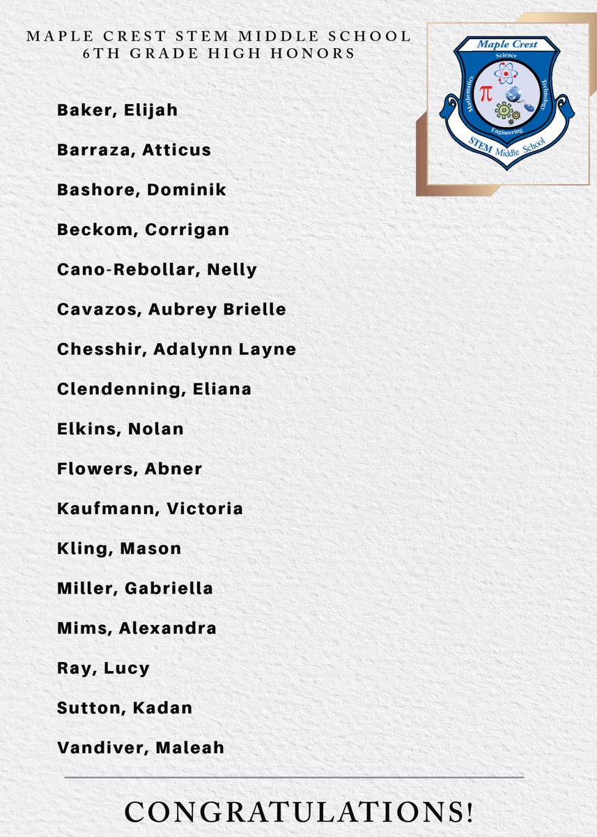 MapleCrestSTEM's tweet image. Congratulations to our 6th, 7th, and 8th grade HIGH HONORS scholars! We’re so proud to recognize the hard work, dedication, and academic excellence of our students who have earned a place on the Honor Roll this grading period! ❤️💙