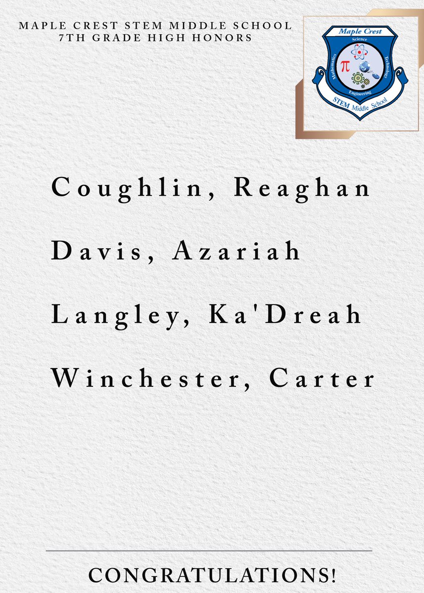 MapleCrestSTEM's tweet image. Congratulations to our 6th, 7th, and 8th grade HIGH HONORS scholars! We’re so proud to recognize the hard work, dedication, and academic excellence of our students who have earned a place on the Honor Roll this grading period! ❤️💙