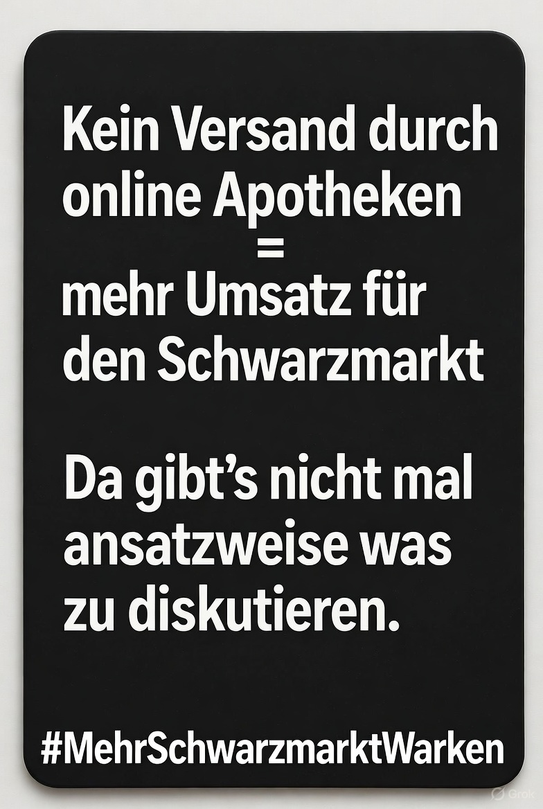 Es ist im Prinzip ganz einfach: 
Kein Versand durch online Apotheken = mehr Umsatz für den Schwarzmarkt
Da gibt's nicht mal ansatzweise was zu diskutieren. 
#MehrSchwarzmarktWarken