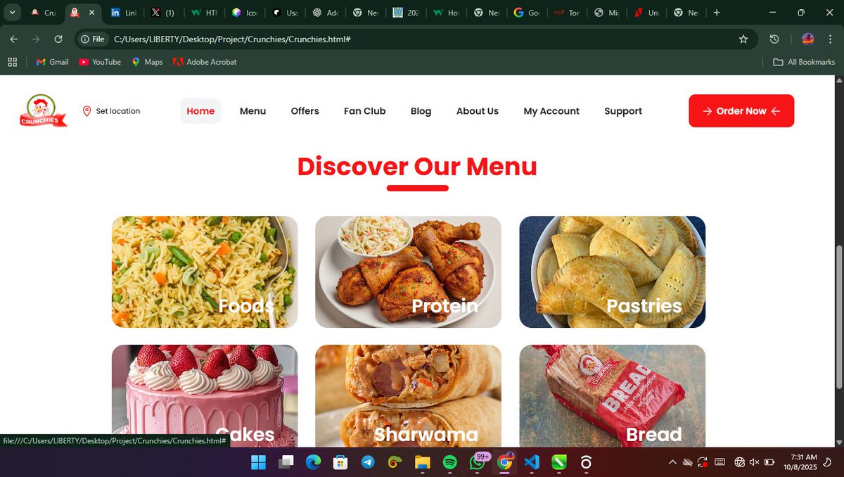 libertyjnr18's tweet image. Project Update:
Worked on the “Menu” section of my Crunchies website clone today.
Built the layout with HTML & CSS it’s clean and functional, though not responsive yet.
Next step: making it fully responsive + adding hover animations ⚡
#HTML #CSS #FrontendDevelopment
