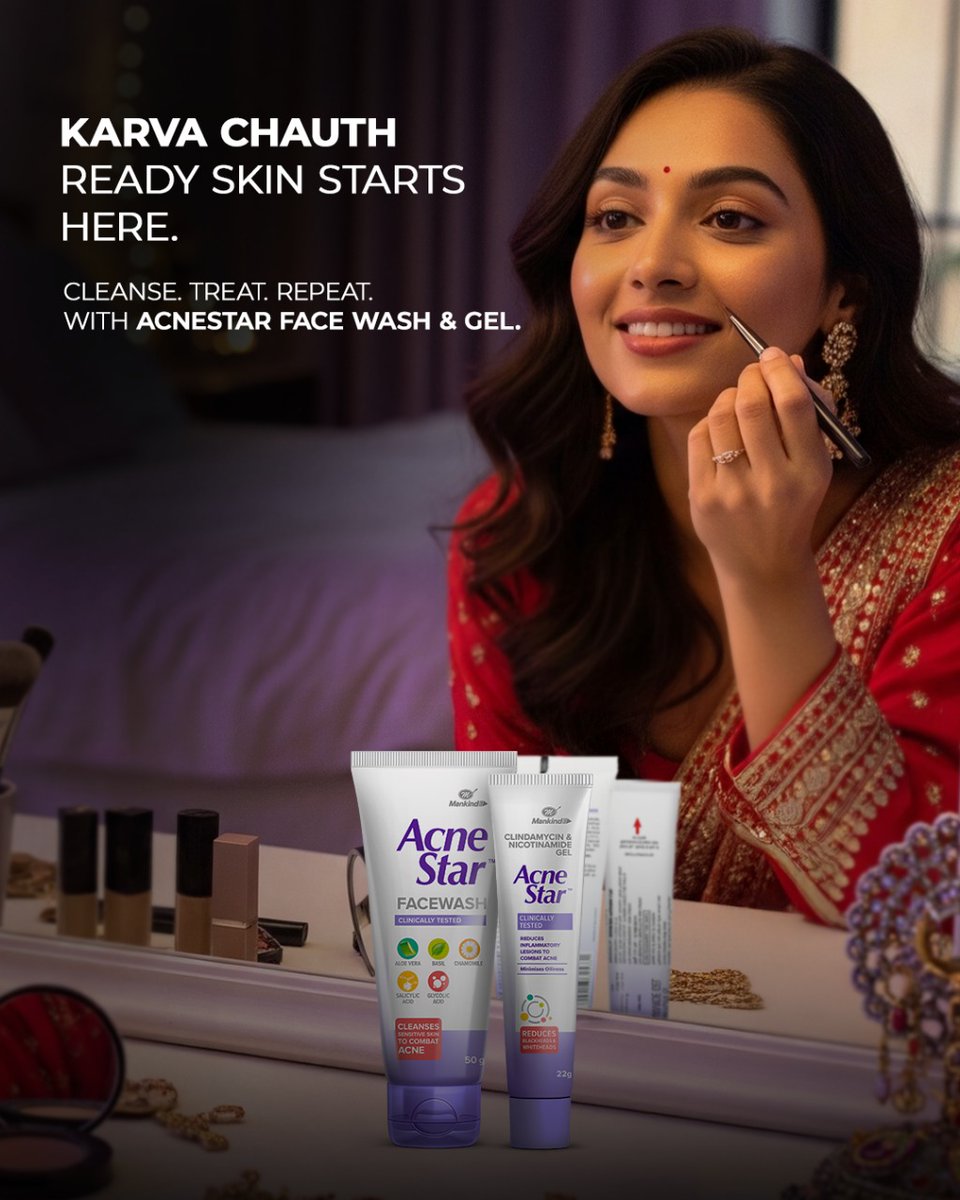 AcnestarGel's tweet image. Karva Chauth ready skin starts here — Cleanse. Treat. Repeat. With AcneStar Face Wash &amp;amp; Gel.

#SpotlessCelebrationsWithAcneStar #AcneStar #AISkinDecode #ClearSkin #FestiveGlow #AcneStarFaceWash #KarwaChauth