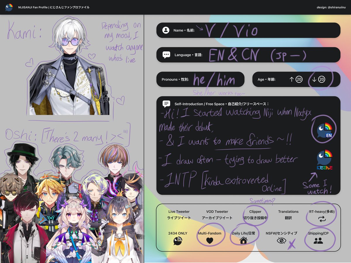 Vv_yaev's tweet image. #nijiintro #nijitwt Instead of art...have my profile instead.. I fell sick too &amp;amp; my head hurts (⁠╥⁠﹏⁠╥⁠)
- I have way more oshis...but I can&apos;t fit them all... I hope to make new oomfs (⁠；⁠^⁠ω⁠^⁠）