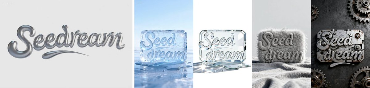 ByteplusAIDevs's tweet image. Prompt↘️

Refer to this picture and generate 4 pictures with the title materials changed to ice, glass, plush, and machinery respectively.

➡️ Seedream 4.0