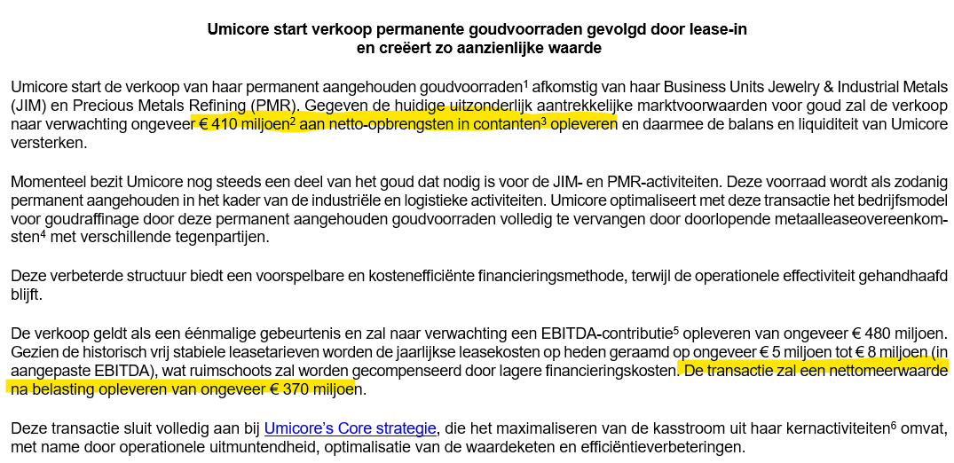 TSimonts's tweet image. #Umicore scoort ~€370m meerwaarde op de verkoop van zijn permanente goudvoorraad, en aanvullende leasecontracten. Netjes, en zo eens wat anders dan rhodium-gerelateerde bonussen.