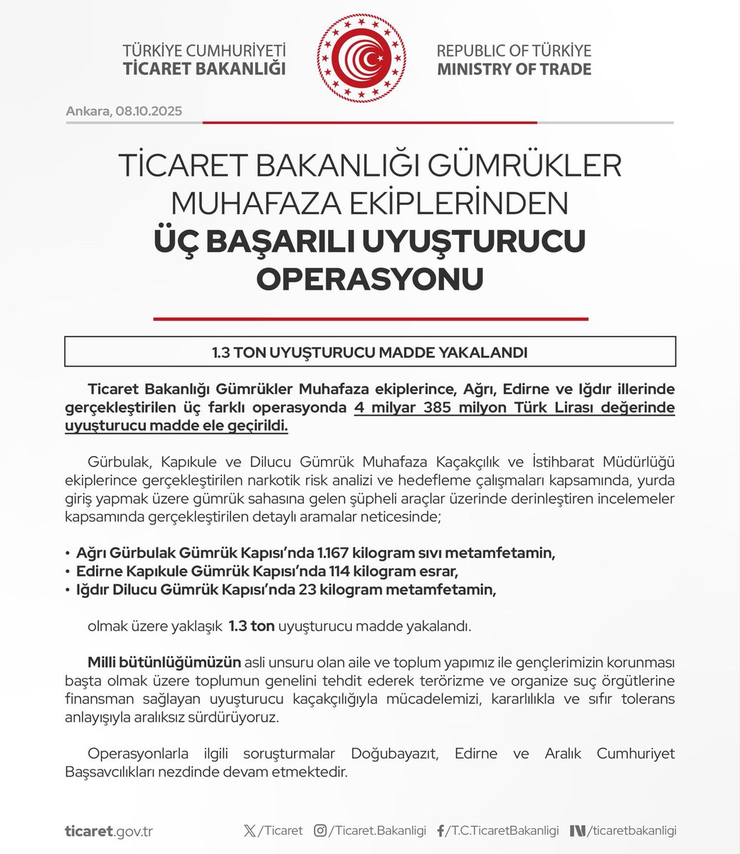 T.C. Ticaret Bakanlığı (@ticaret) on Twitter photo Ticaret Bakanlığı Gümrükler Muhafaza Ekiplerinden Üç Başarılı Uyuşturucu Operasyonu
(08.10.2025) Ticaret Bakanlığı Gümrükler Muhafaza Ekiplerinden Üç Başarılı Uyuşturucu Operasyonu
(08.10.2025)