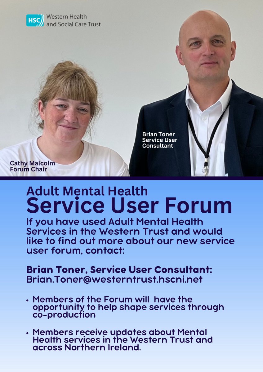 cfilni's tweet image. 🧠 Used Adult Mental Health Services in the Western Trust?
Join the new Service User Forum — share your views &amp;amp; help shape future services.

📧 Brian.Toner@westerntrust.hscni.net
#MentalHealth #CoProduction #WesternTrust